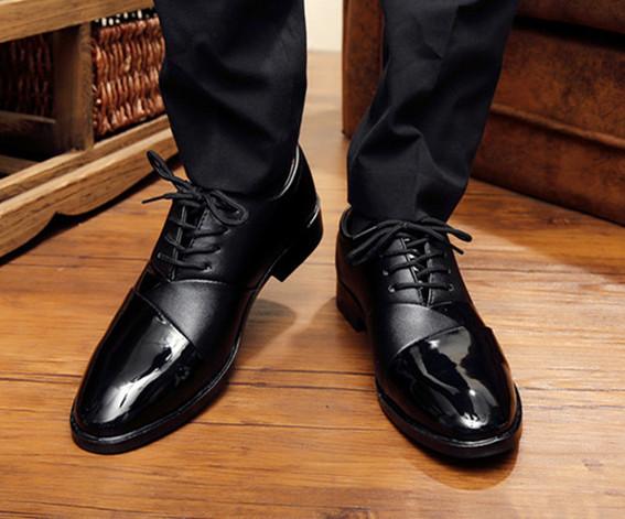 [满减]男士休闲韩版尖头皮鞋系带黑色青年商务增高男鞋cw095yz 黑色